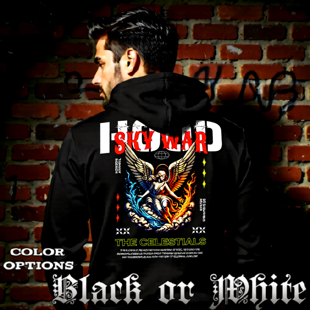 Model wearing gothic angel graphic oversized hoodie with dark art design. 
