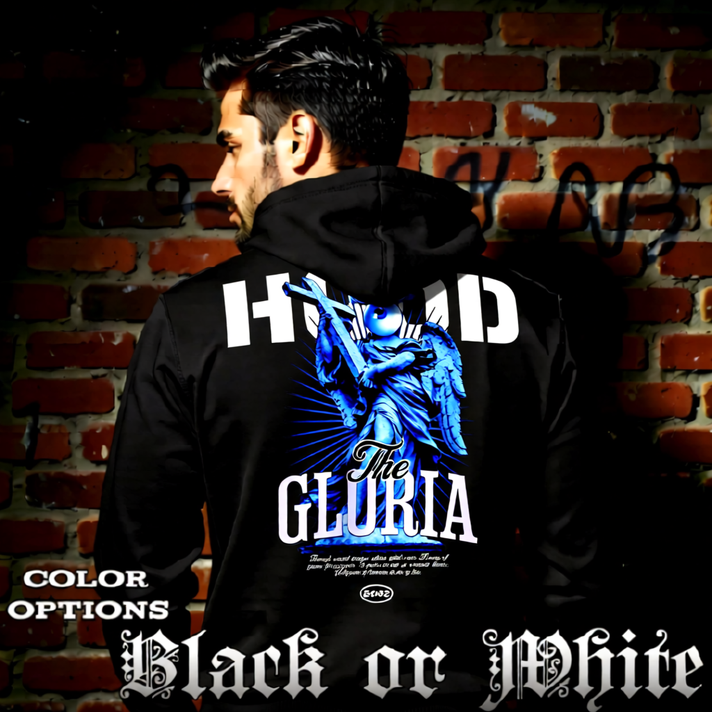 Model wearing gothic angel graphic oversized hoodie with dark art design. 