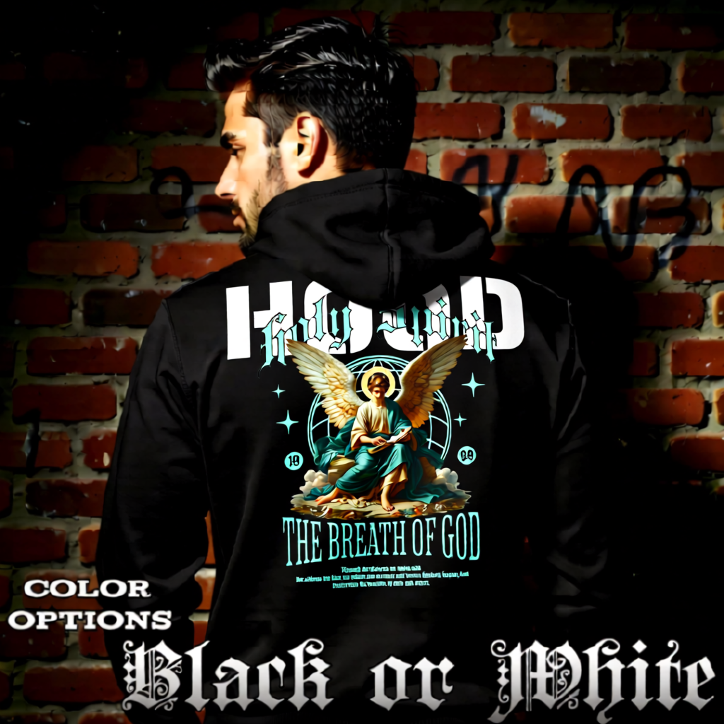 Model wearing gothic angel graphic oversized hoodie with dark art design. 