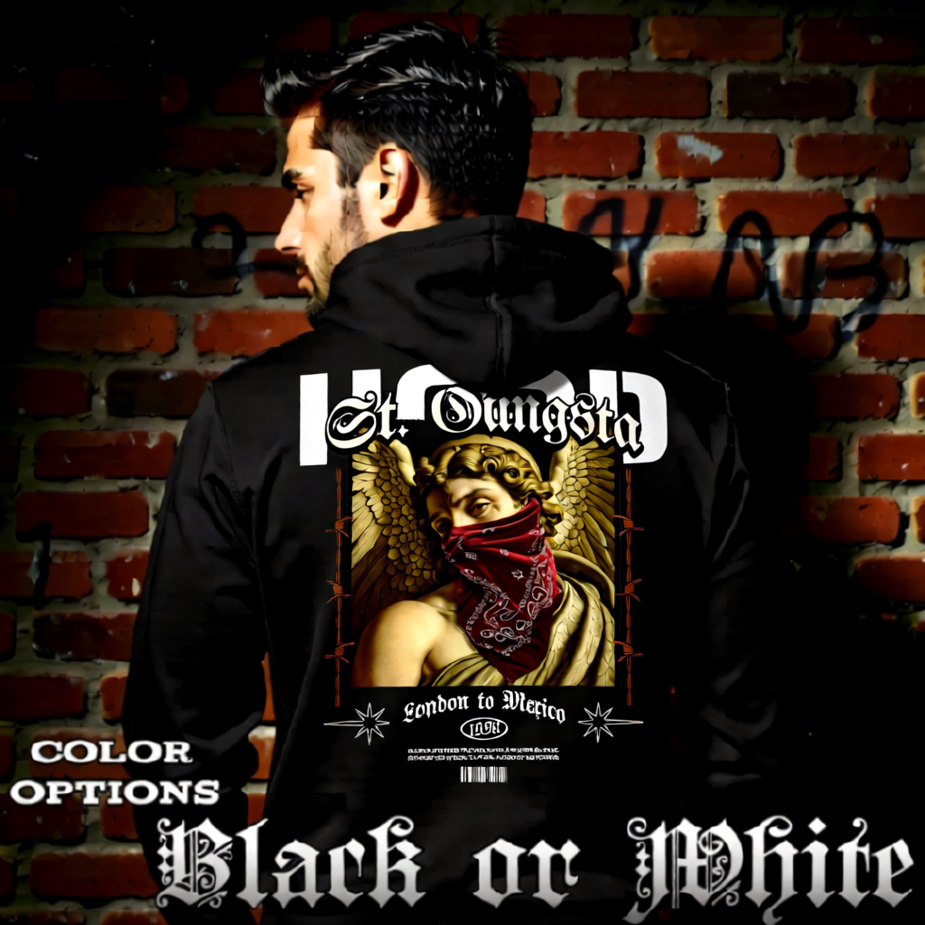 Model wearing gothic angel graphic oversized hoodie with dark art design. 