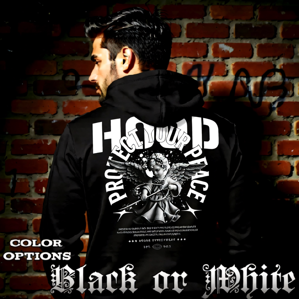 Model wearing gothic angel graphic oversized hoodie with dark art design. 