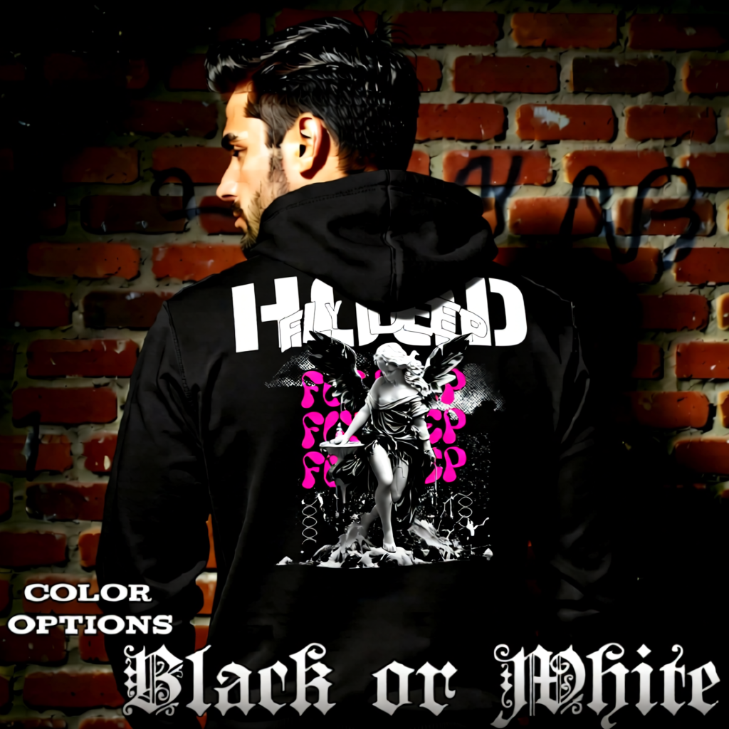 Model wearing gothic angel graphic oversized hoodie with dark art design. 