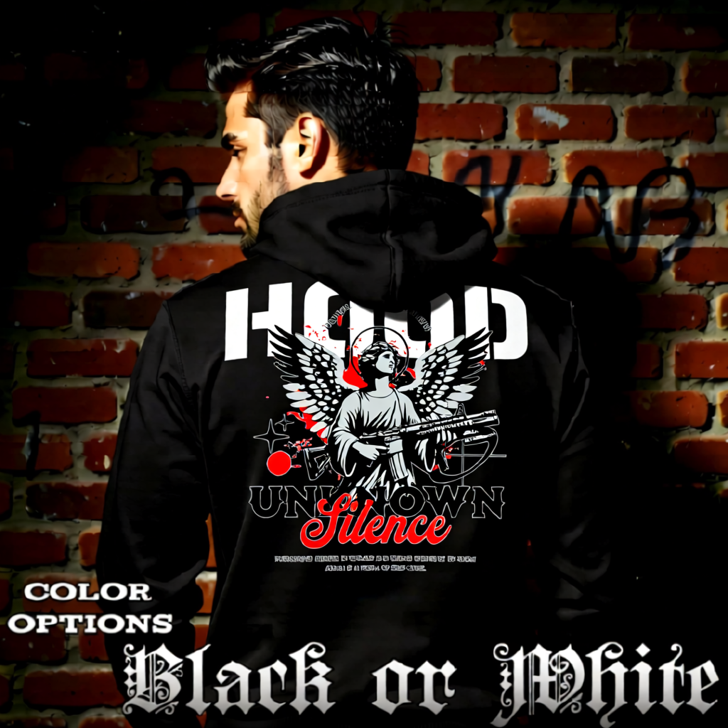 Model wearing gothic angel graphic oversized hoodie with dark art design. 