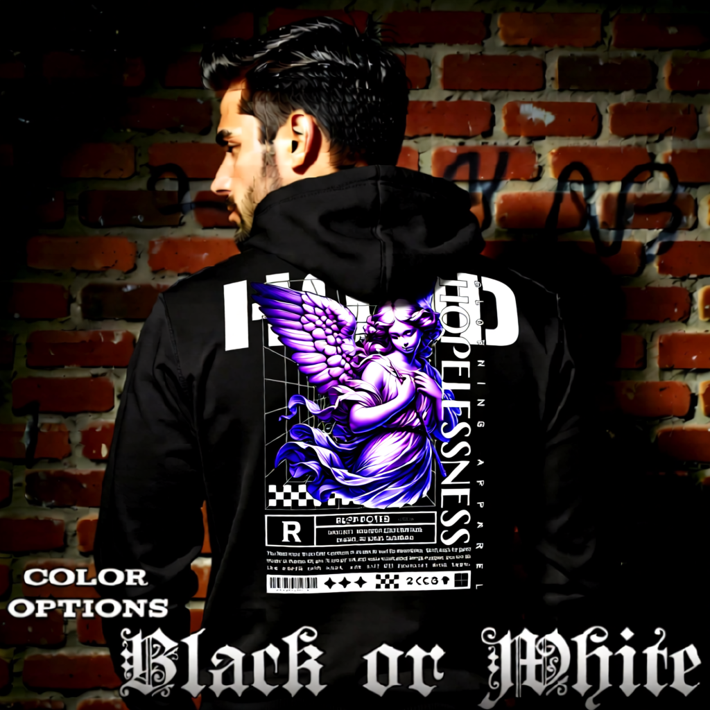 Model wearing gothic angel graphic oversized hoodie with dark art design. 
