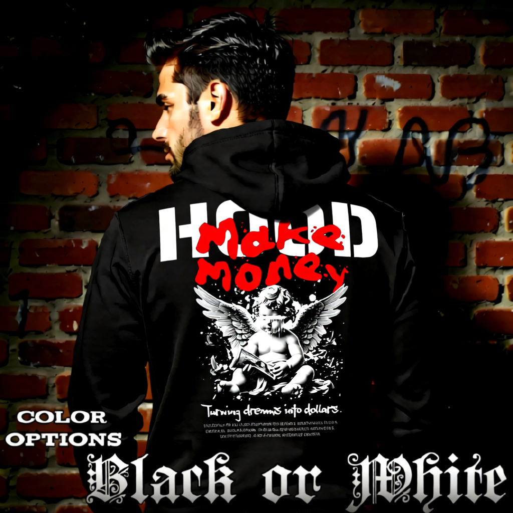 Model wearing gothic angel graphic oversized hoodie with dark art design. 