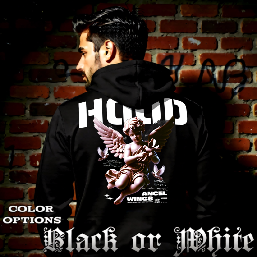 Model wearing gothic angel graphic oversized hoodie with dark art design. 
