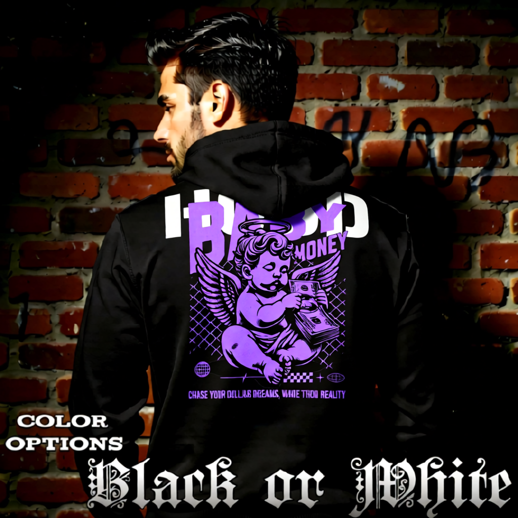 Model wearing gothic angel graphic oversized hoodie with dark art design.