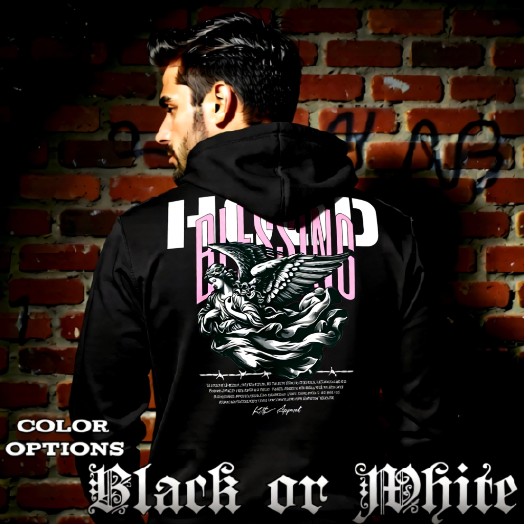 Model wearing gothic angel graphic oversized hoodie with dark art design.