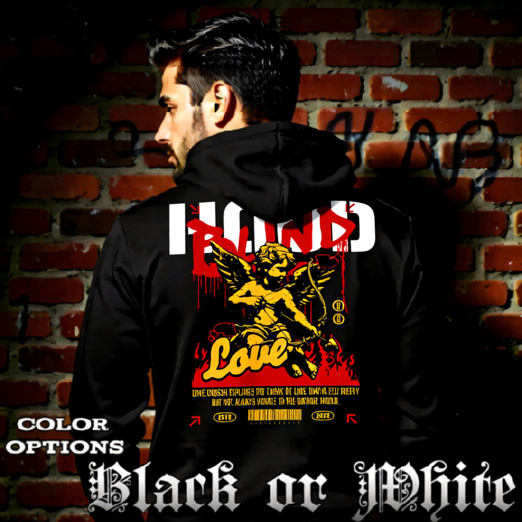 Model wearing gothic angel graphic oversized hoodie with dark art design. 
