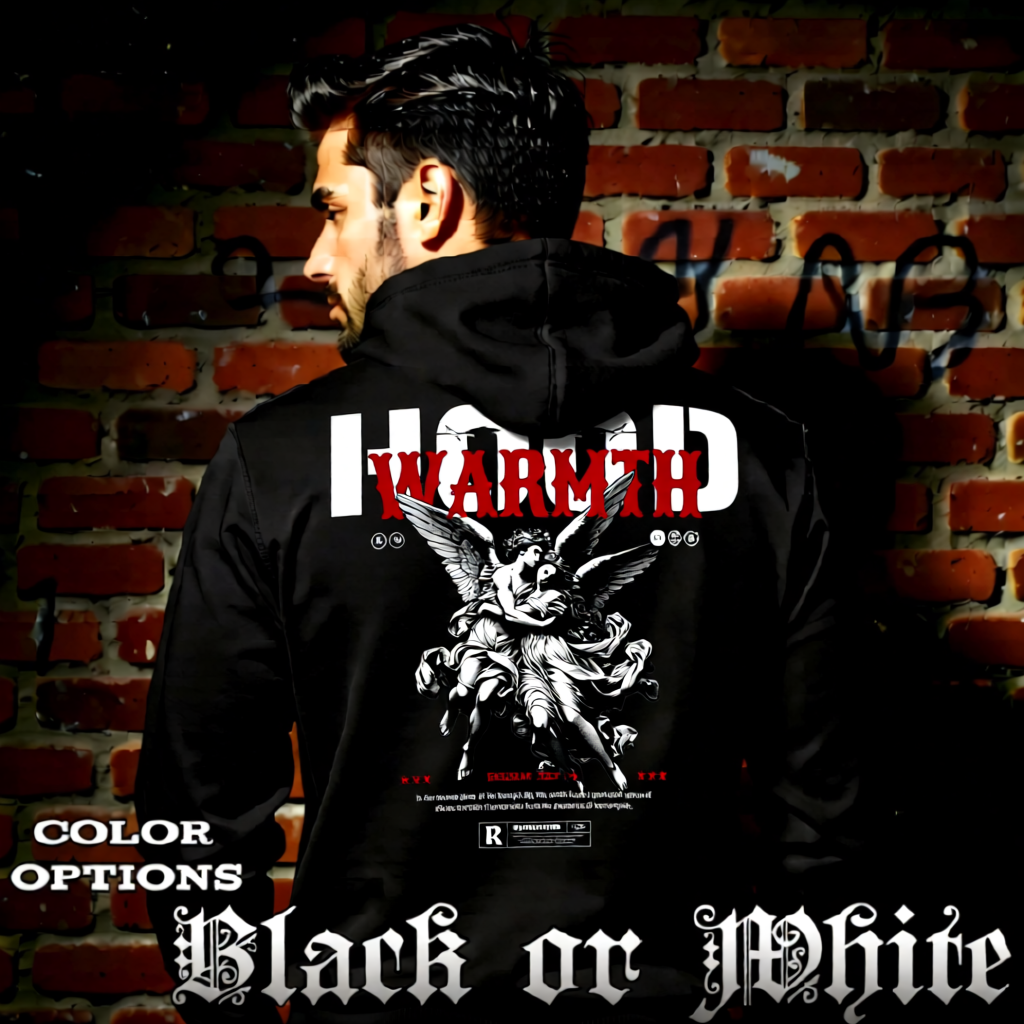 Model wearing gothic angel graphic oversized hoodie with dark art design. 