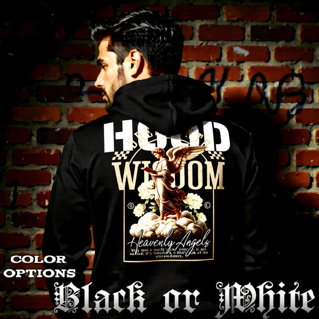 Model wearing gothic angel graphic oversized hoodie with dark art design. 