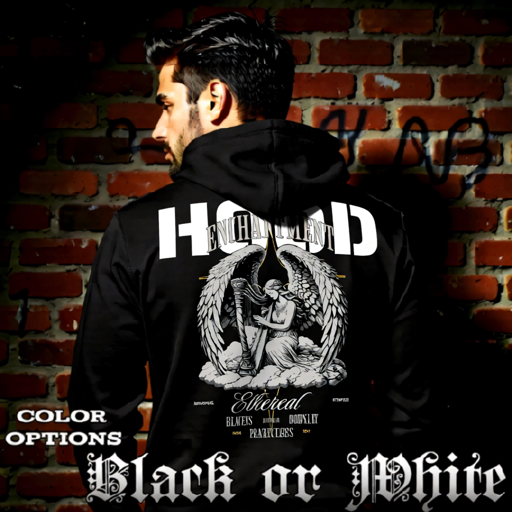 Model wearing gothic angel graphic oversized hoodie with dark art design. 