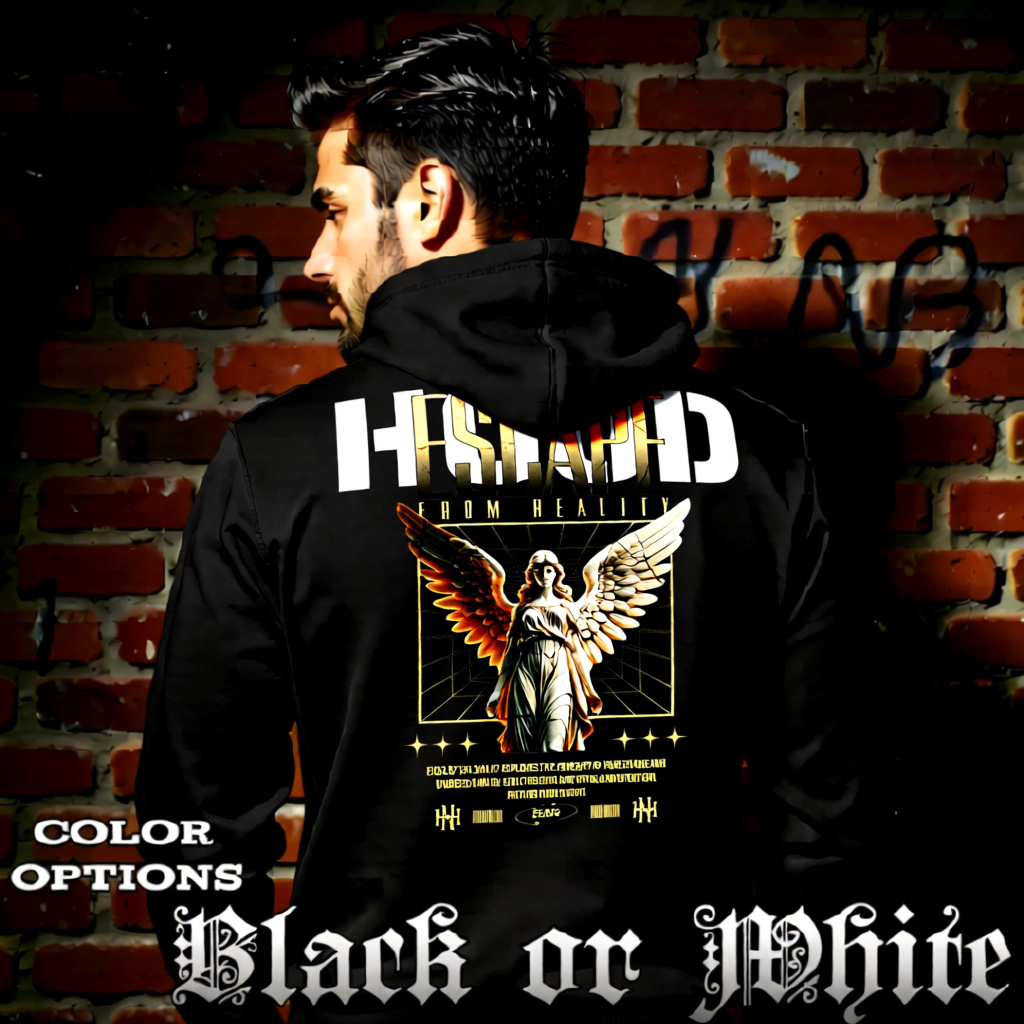 Model wearing gothic angel graphic oversized hoodie with dark art design. 