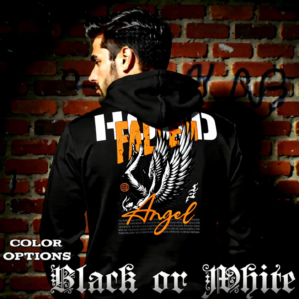 Model wearing gothic angel graphic oversized hoodie with dark art design. 