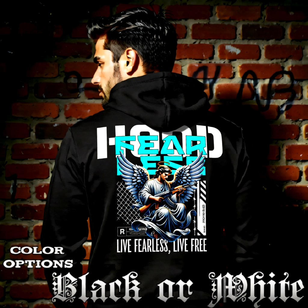 Model wearing gothic angel graphic oversized hoodie with dark art design. 
