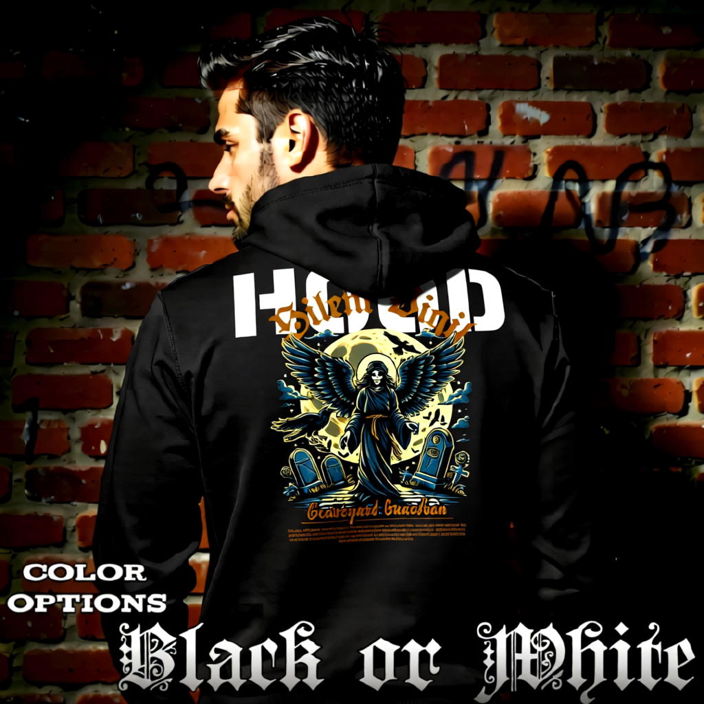 Model wearing gothic angel graphic oversized hoodie with dark art design. 