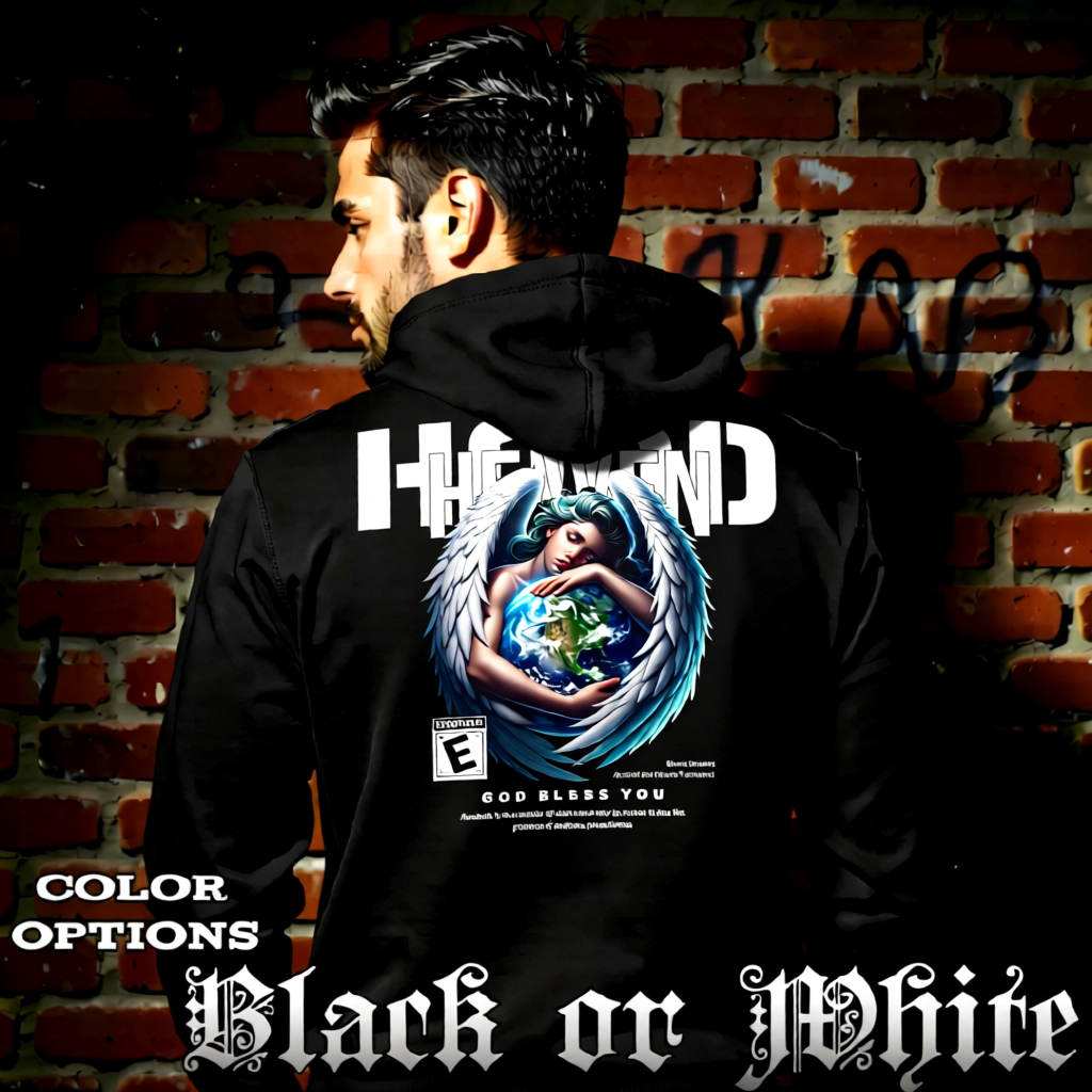 Model wearing gothic angel graphic oversized hoodie with dark art design. 