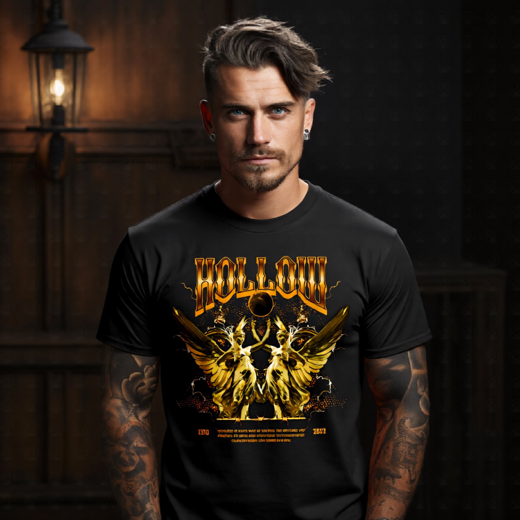 HOLLOW gold angel oversized streetwear graphic tee design by Project Hood with courage quote print