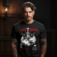 MENTALITY Project Hood oversized tee — red 3D arch MENTALITY text two marble cherubs fighting burning dollar bag lightning bolts front