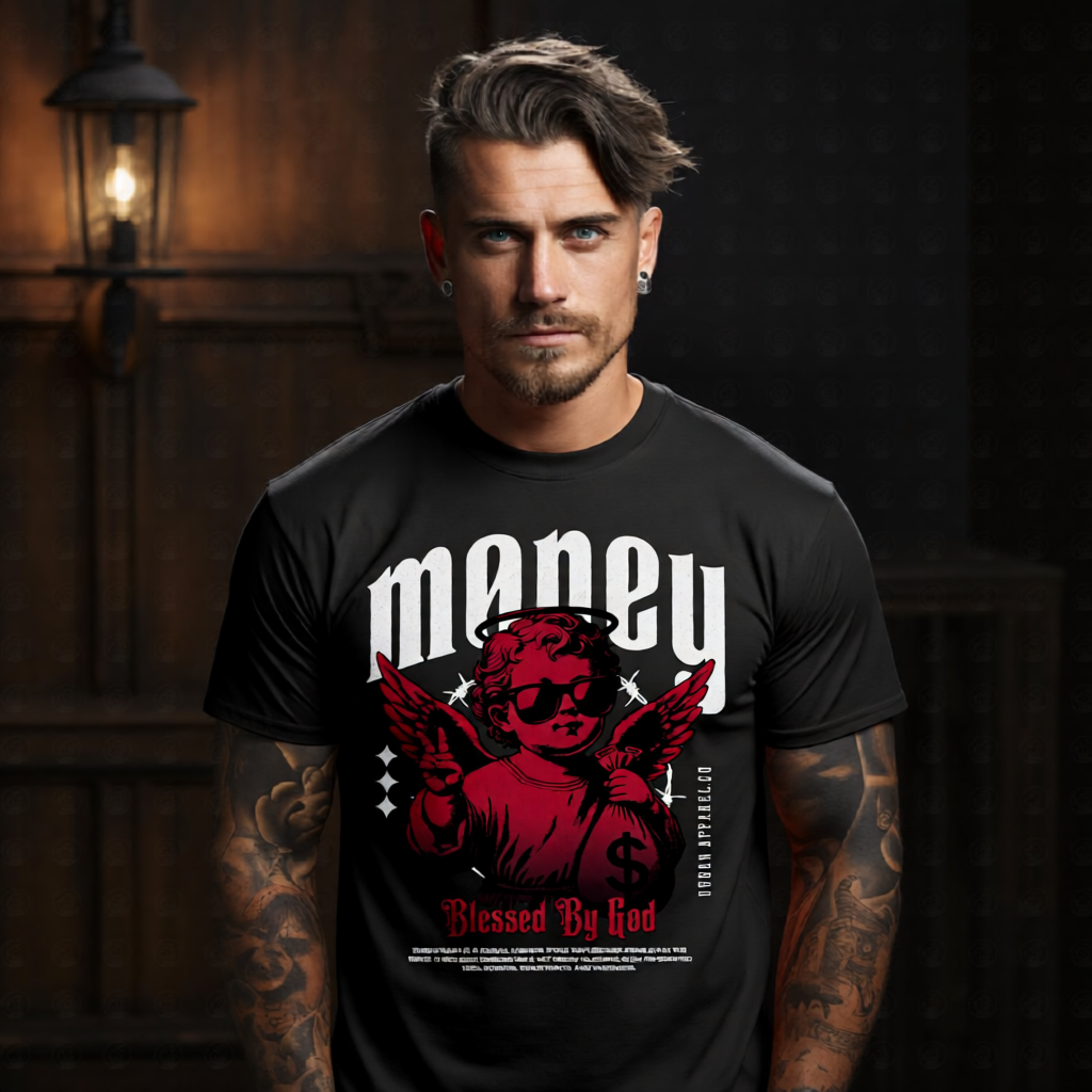 ESCAPE FROM REALITY Project Hood oversized tee — stone marble ESCAPE gradient text marble angel asymmetric wings vanishing grid front