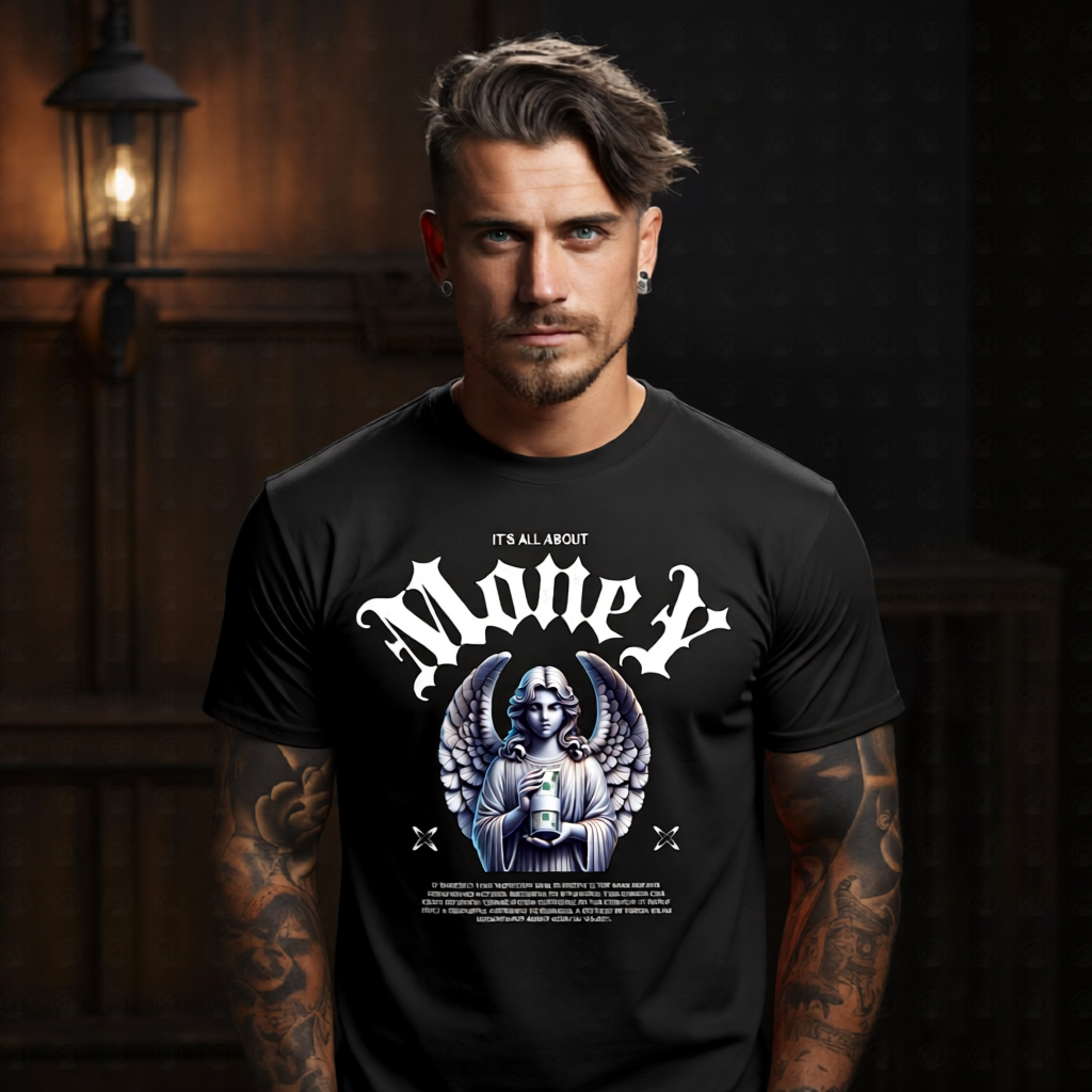 IT'S ALL ABOUT MONEY Project Hood oversized streetwear tee — marble angel cradling rolled bills gothic Money blackletter script front graphic