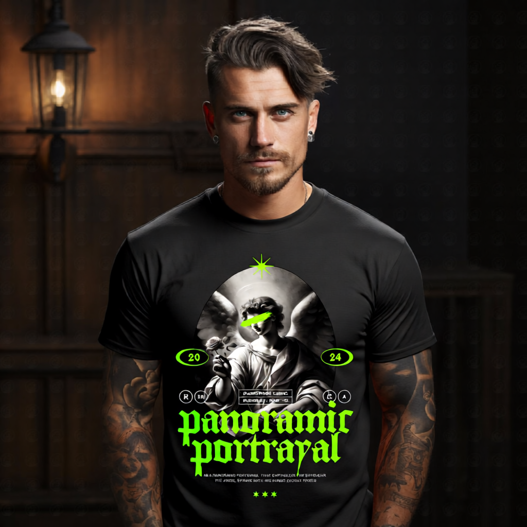 PANORAMIC PORTRAYAL Project Hood oversized streetwear tee — black white Renaissance angel rose neon green gothic blackletter front graphic