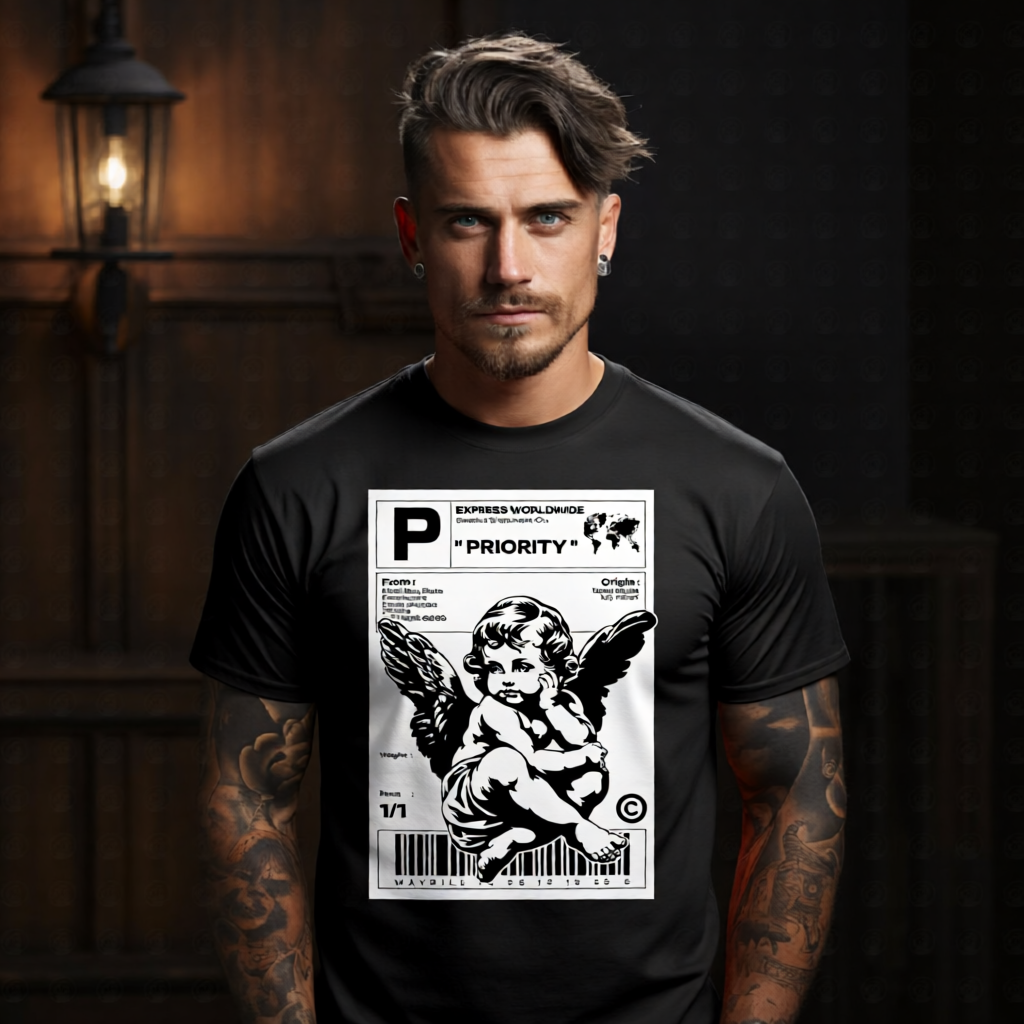 PRIORITY Project Hood oversized streetwear tee — waybill format black silhouette cherub angel express worldwide front graphic
