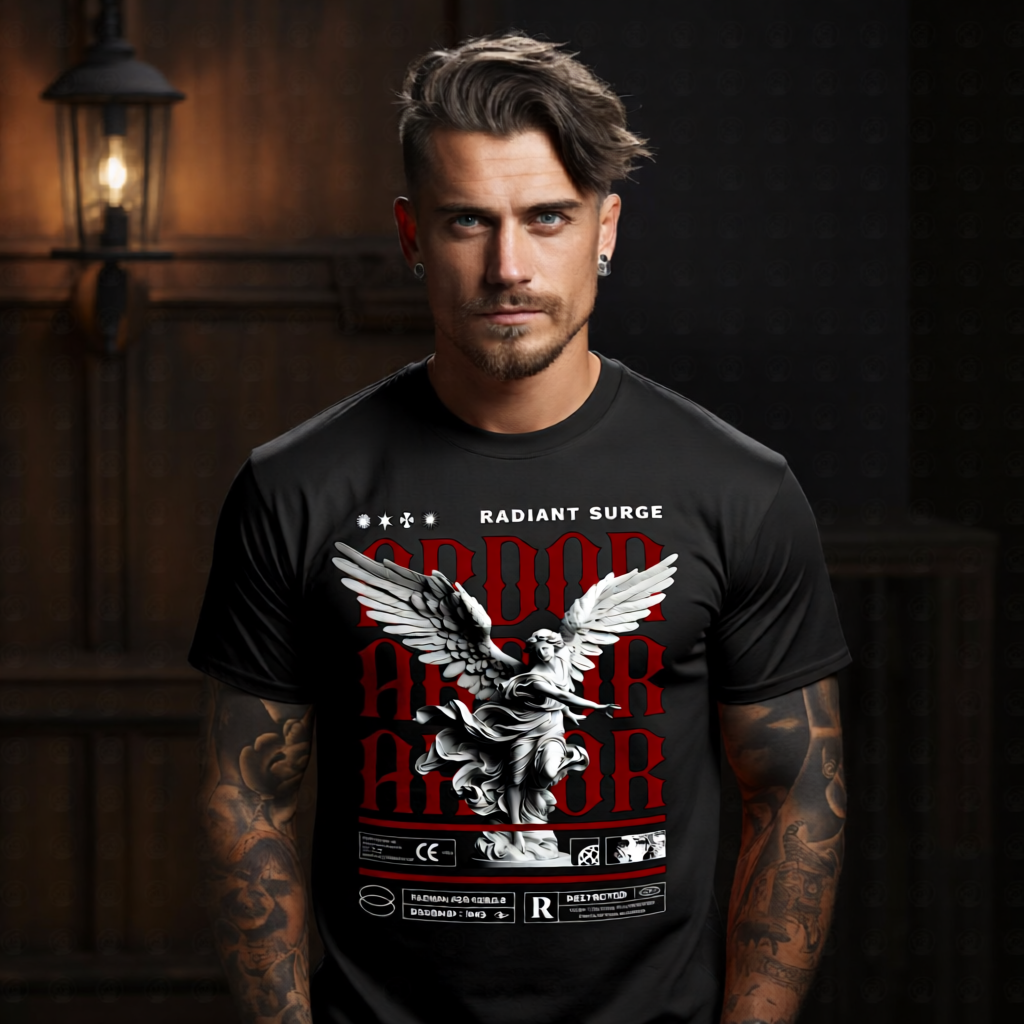 ARDOR Project Hood oversized streetwear tee — marble angel dynamic pose spread wings stacked crimson ARDOR typography Radiant Surge front graphic