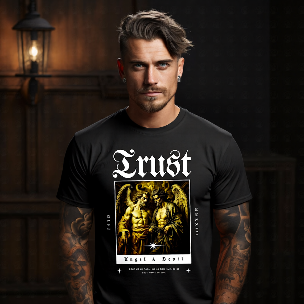 TRUST Angel and Devil oversized streetwear graphic tee by Project Hood — gothic blackletter duality print with oil painting illustration