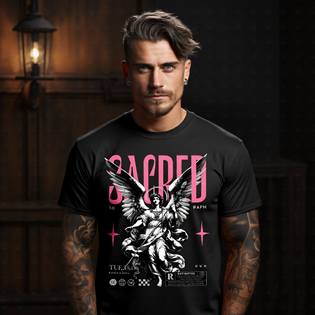 SACRED SERAPH Project Hood oversized streetwear tee — black white engraving seraph angel staff wings pink SACRED header front graphic