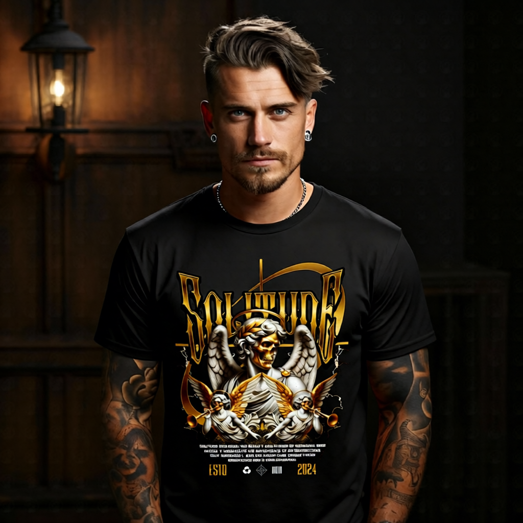 SOLITUDE gold skeleton angel marble laurel crown massive gothic letters oversized t-shirt Project Hood