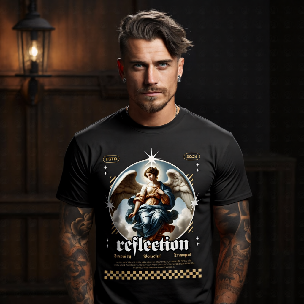 Reflection Renaissance baroque angel circular medallion oversized streetwear t-shirt Project Hood