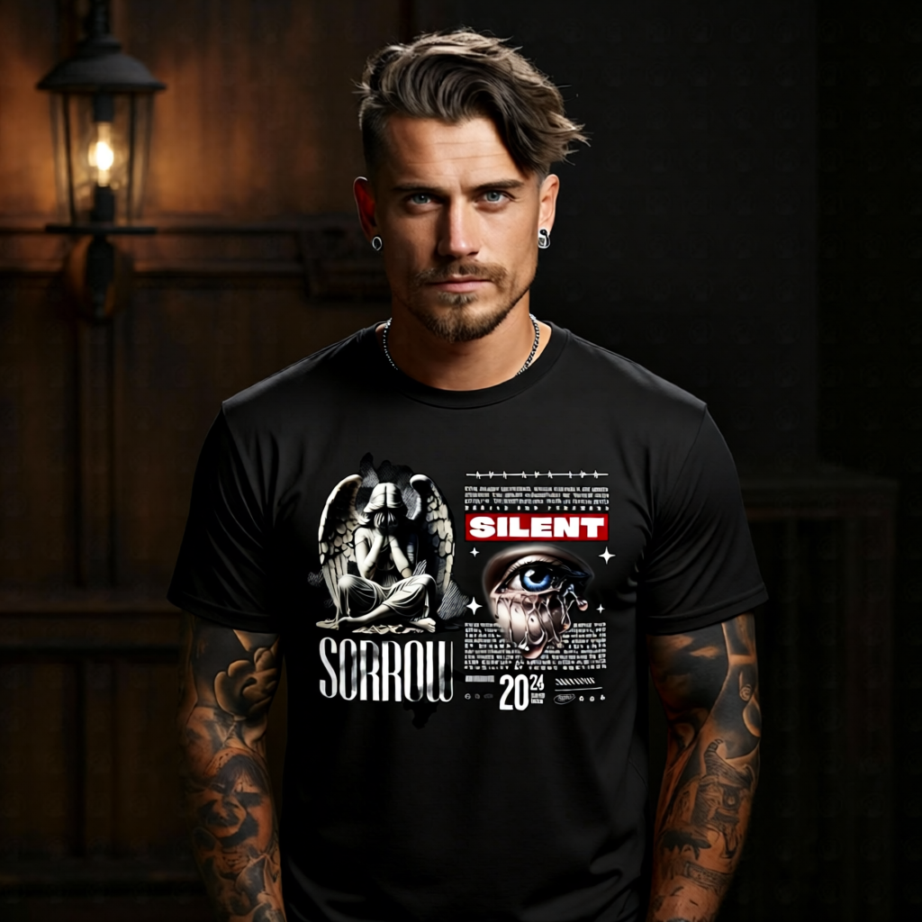 Silent Sorrow weeping angel crying eye split design oversized streetwear t-shirt Project Hood