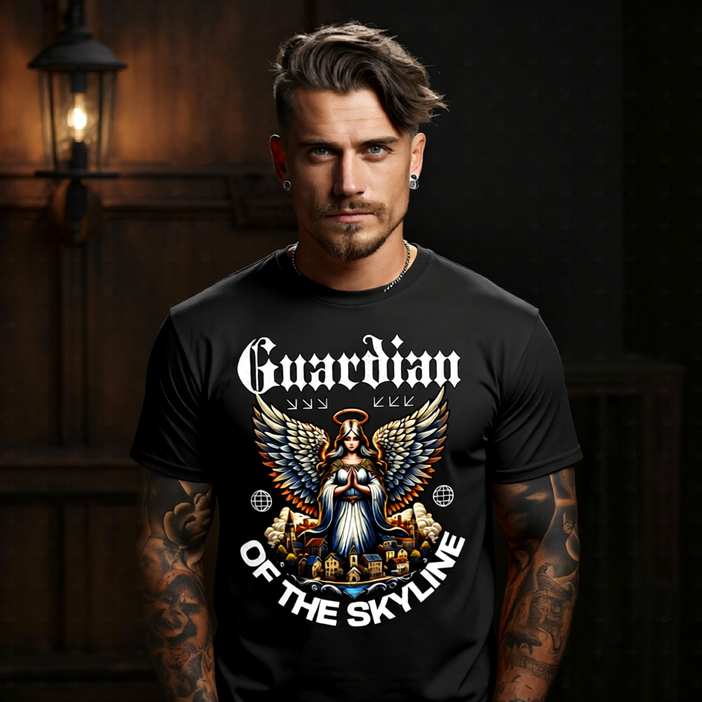 Guardian of the Skyline praying angel colorful cityscape oversized streetwear t-shirt Project Hood
