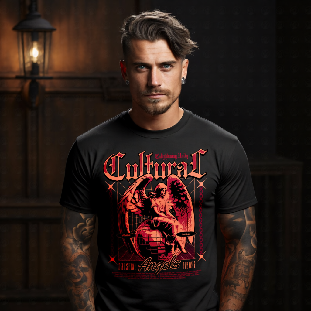 CULTURAL Angel oversized streetwear graphic tee by Project Hood — Gothic blackletter red celestial angel on globe with chain border vintage poster print