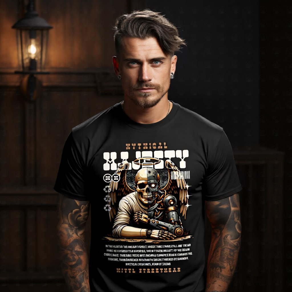 Mythical Majesty cyborg skull angel vintage retro oversized streetwear t-shirt Project Hood