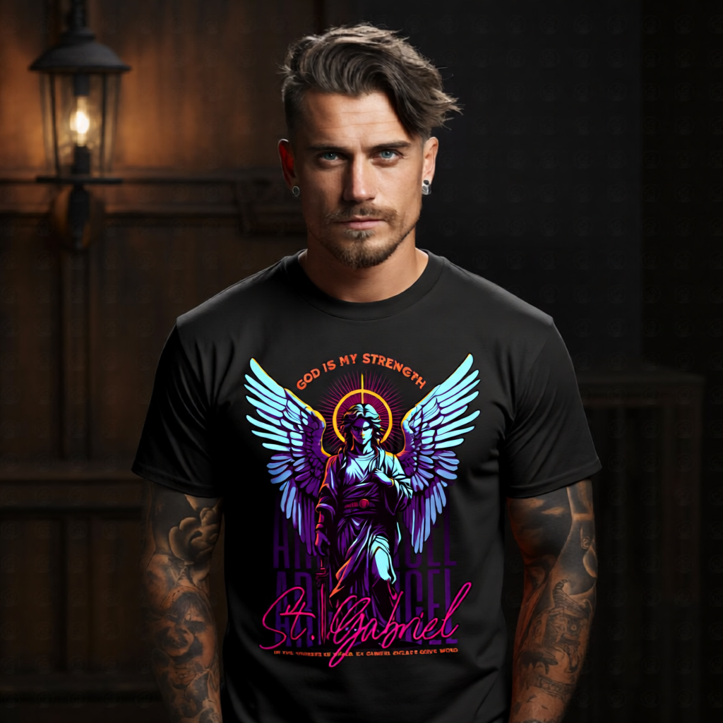 ST. GABRIEL Archangel streetwear graphic tee — neon pink cursive script, cyan wings, God Is My Strength orange arc text, sunburst halo, Project Hood