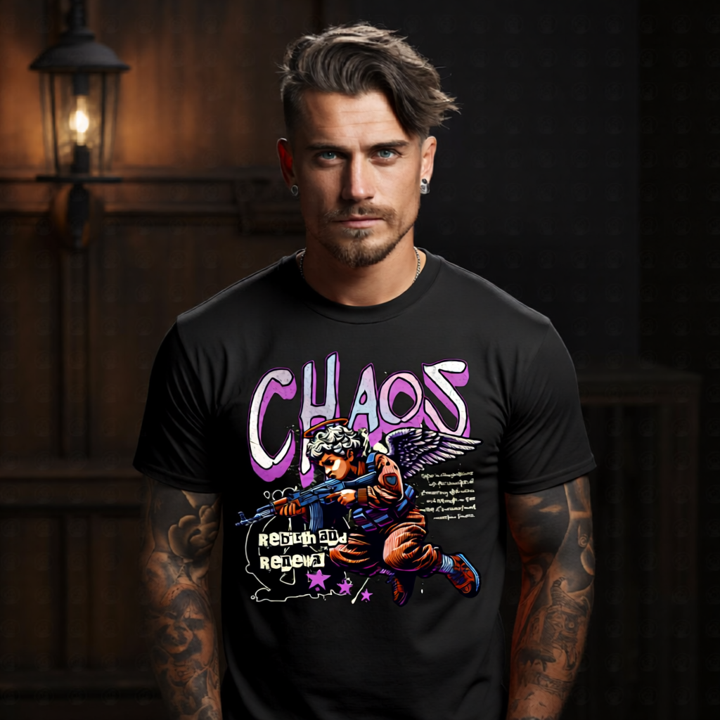 CHAOS angel with golden halo holding AK-47 rifle pink graffiti oversized streetwear tee Project Hood
