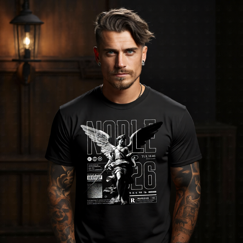NOBLE B&W archangel warrior sword large outlined block letters oversized streetwear tee Project Hood