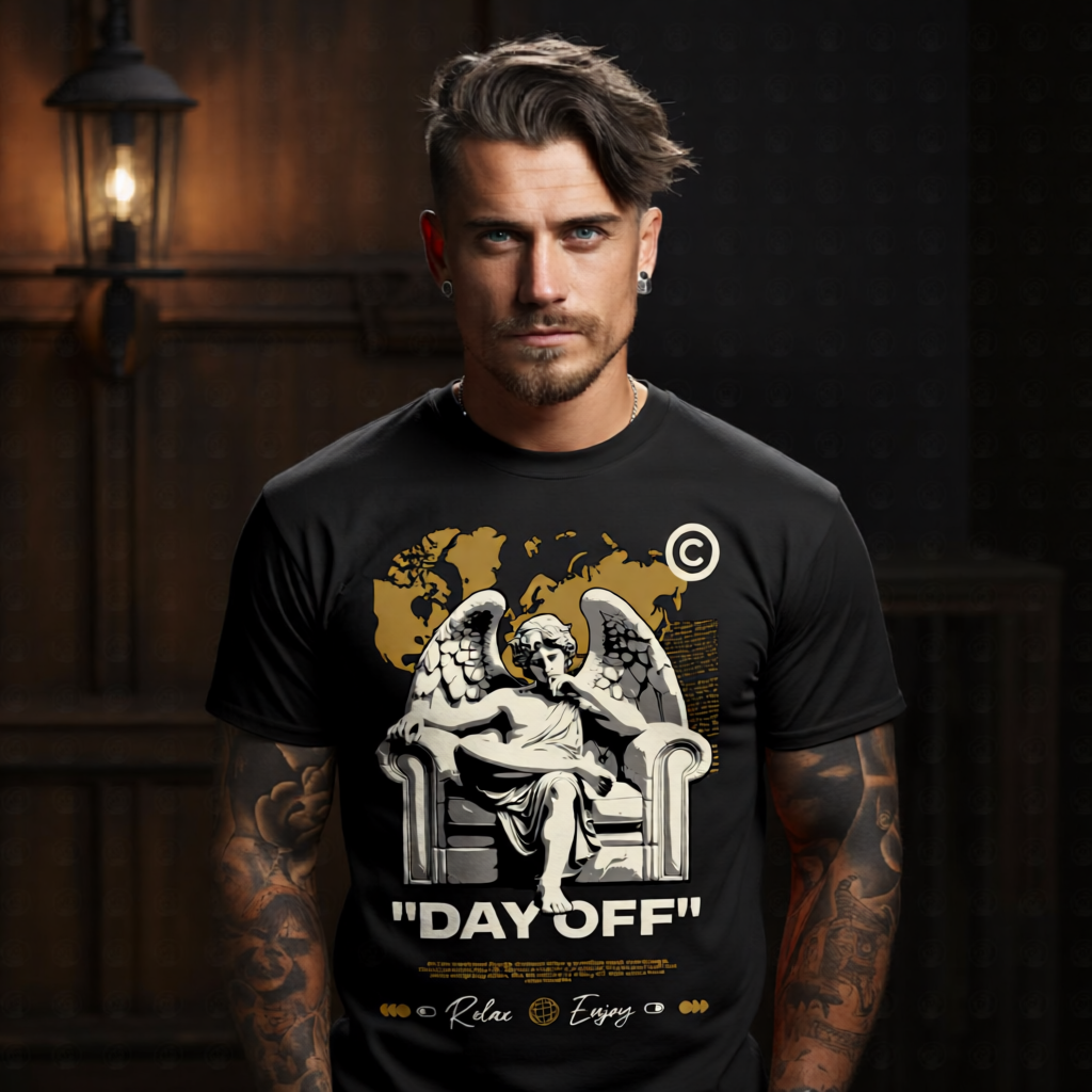 DAY OFF marble angel seated in leather armchair gold world map oversized streetwear tee Project Hood