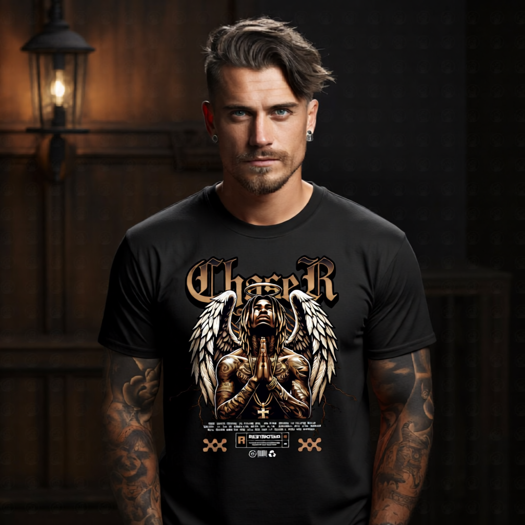 CHASER tattooed Black male angel long locs praying hands gold cross chain halo oversized streetwear tee Project Hood