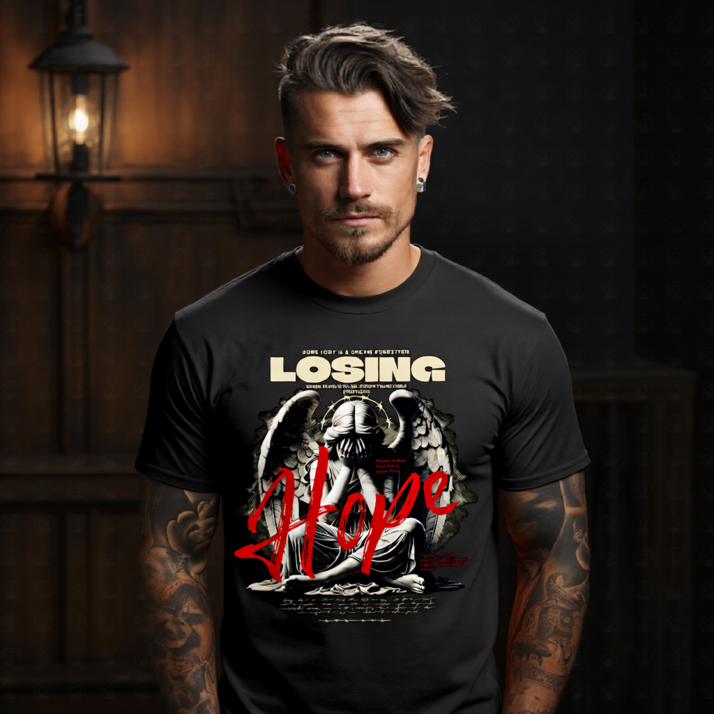 LOSING HOPE weeping stone angel barbed wire crown face covered red Hope brush script oversized tee Project Hood