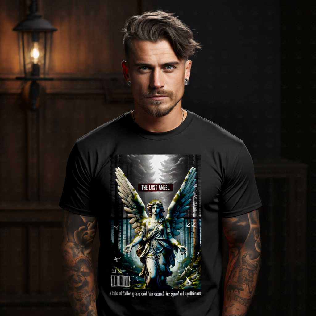 THE LOST ANGEL marble figure teal moss wings walking dark misty forest oversized streetwear tee Project Hood