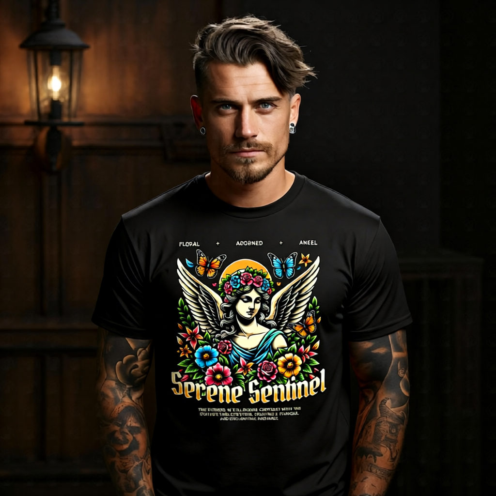 SERENE SENTINEL floral angel bust butterfly crown monarch wings tropical flowers oversized streetwear tee Project Hood
