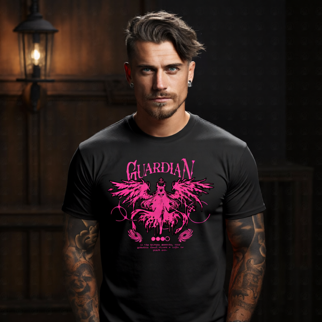 GUARDIAN all-pink drip creature angel multiple wings horns cross halo biohazard symbols oversized streetwear tee Project Hood