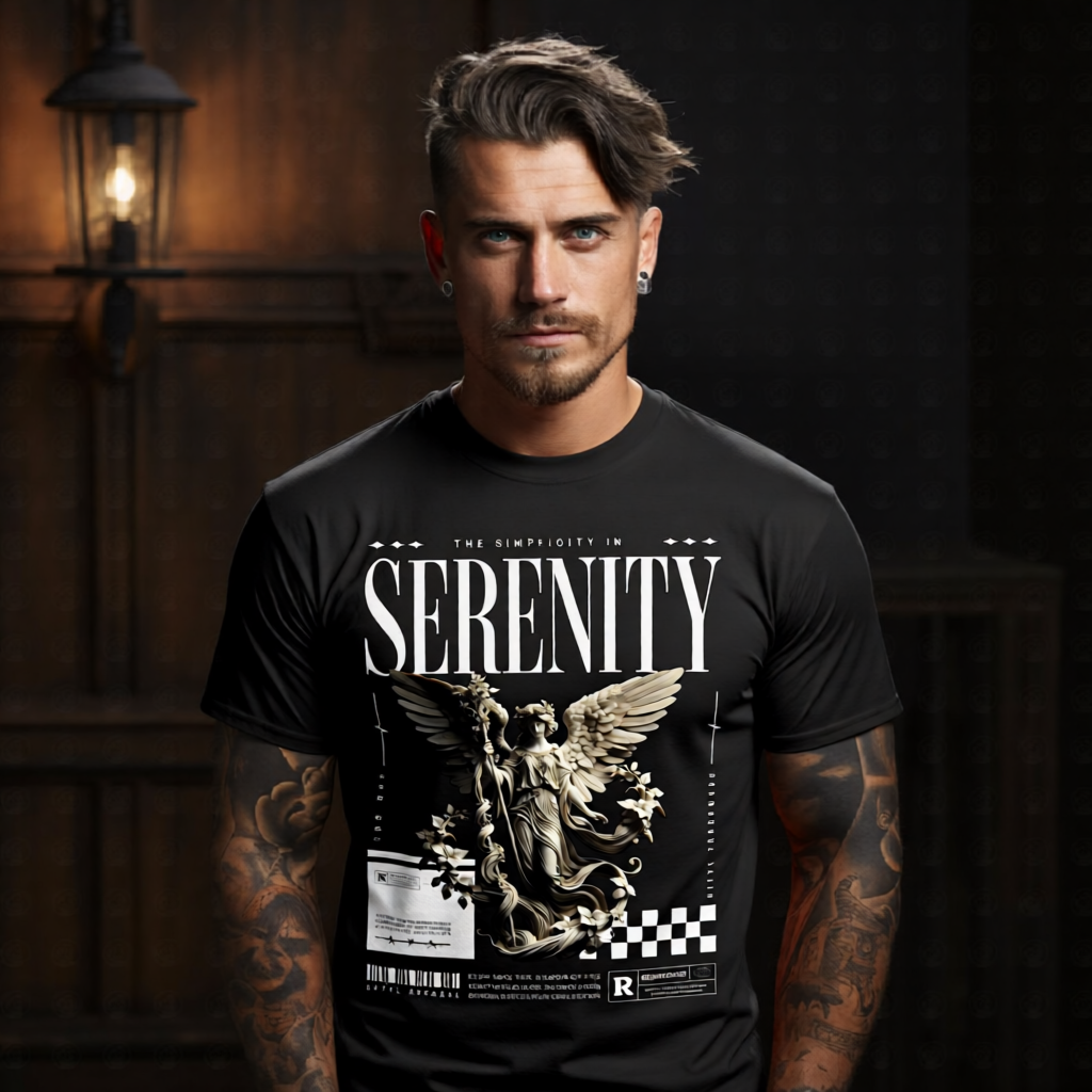 Serenity classical angel with asymmetric wings and floral staff editorial streetwear Project Hood