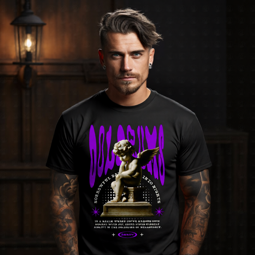 Doldrums melancholy cupid angel marble statue brooding pose purple wavy text oversized tee Project Hood