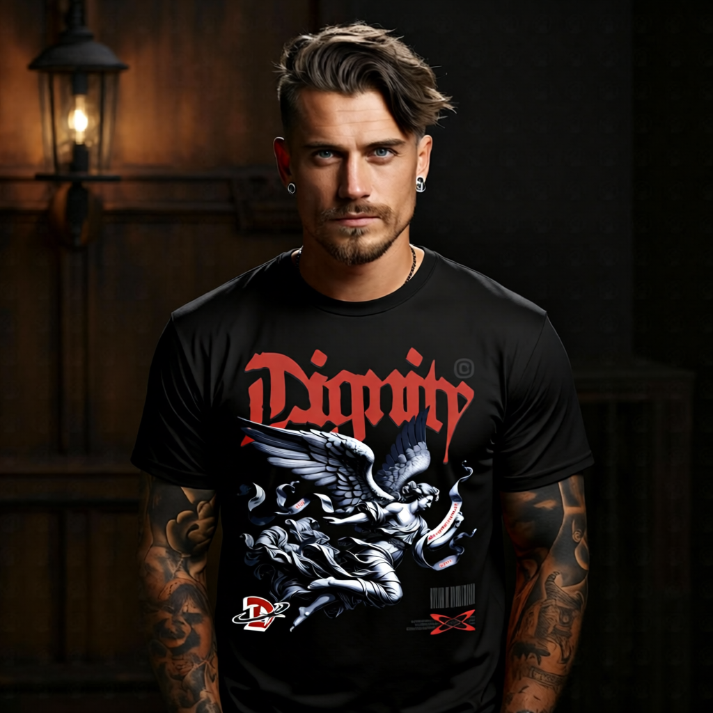 Dignity flying angel with Faith Honor ribbon banners red gothic Dignity script oversized tee Project Hood