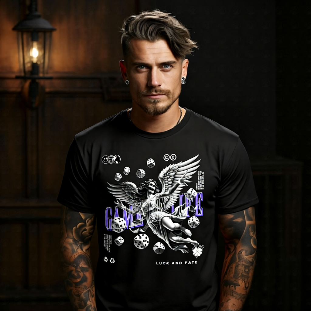 Game of Life skeleton angel with wings and dice floating purple varsity font oversized tee Project Hood
