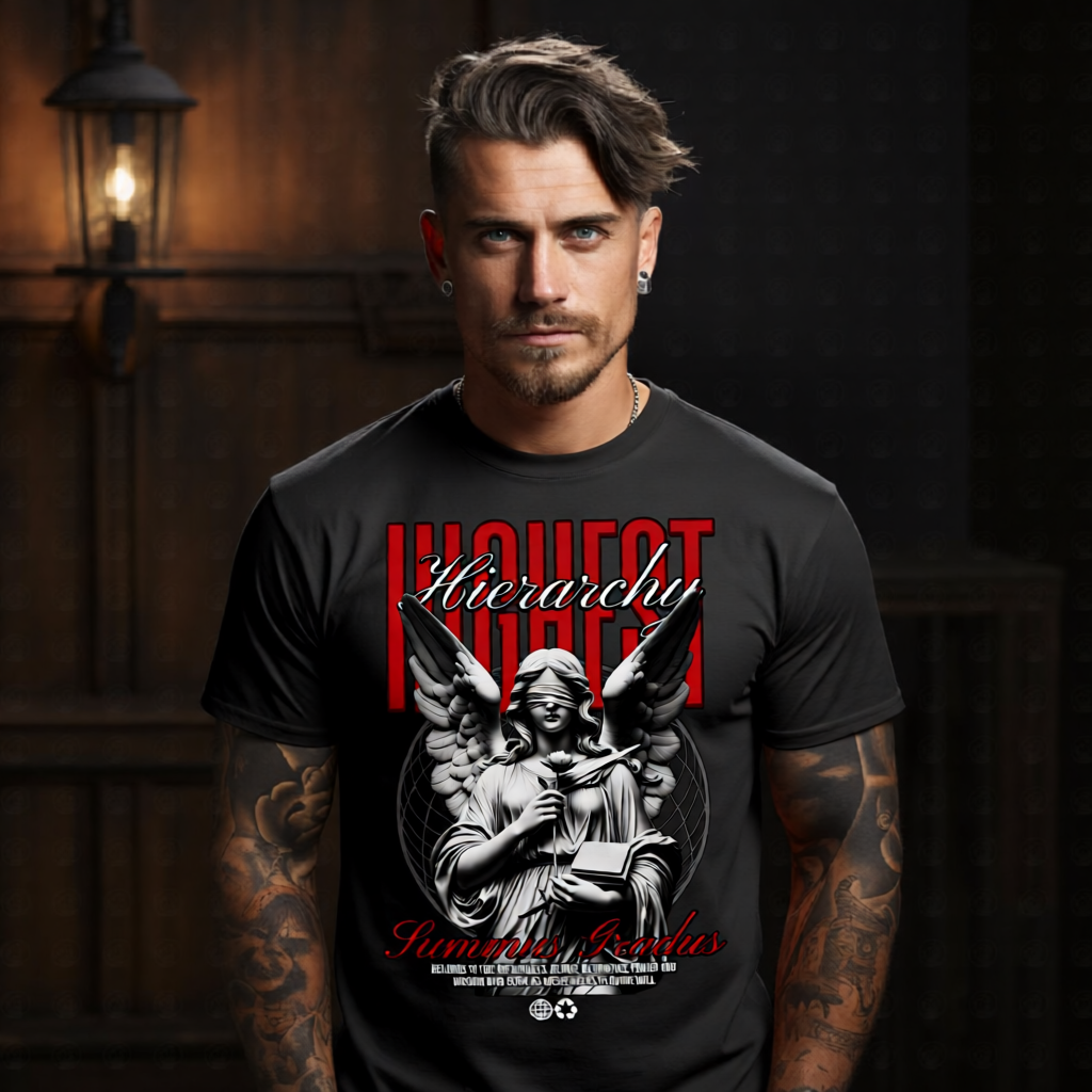 Highest Hierarchy blindfolded archangel with rose and book crimson typography oversized tee Project Hood